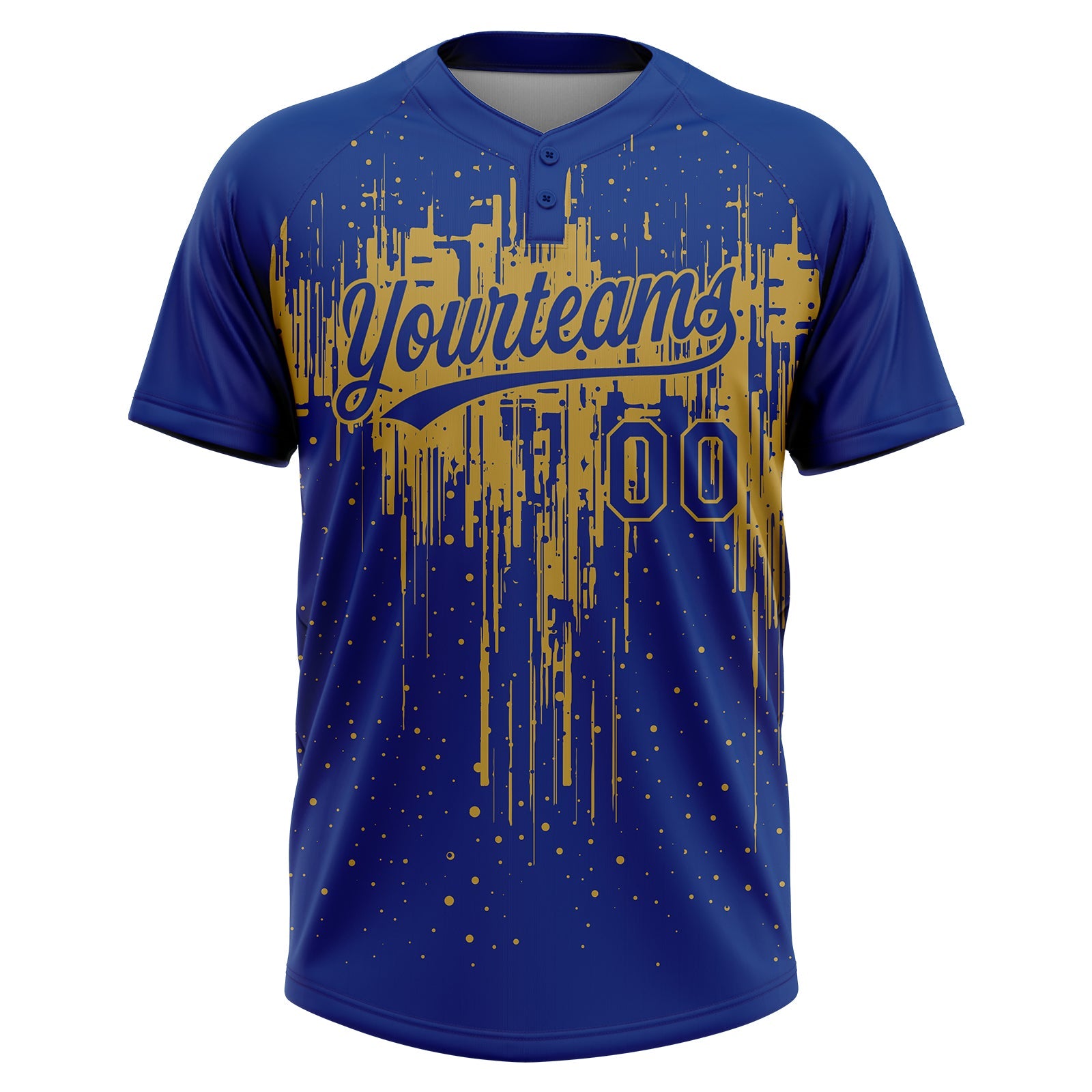 Custom Royal Old Gold Dripping Splatter Paint Two-Button Unisex Softball Jersey view 2