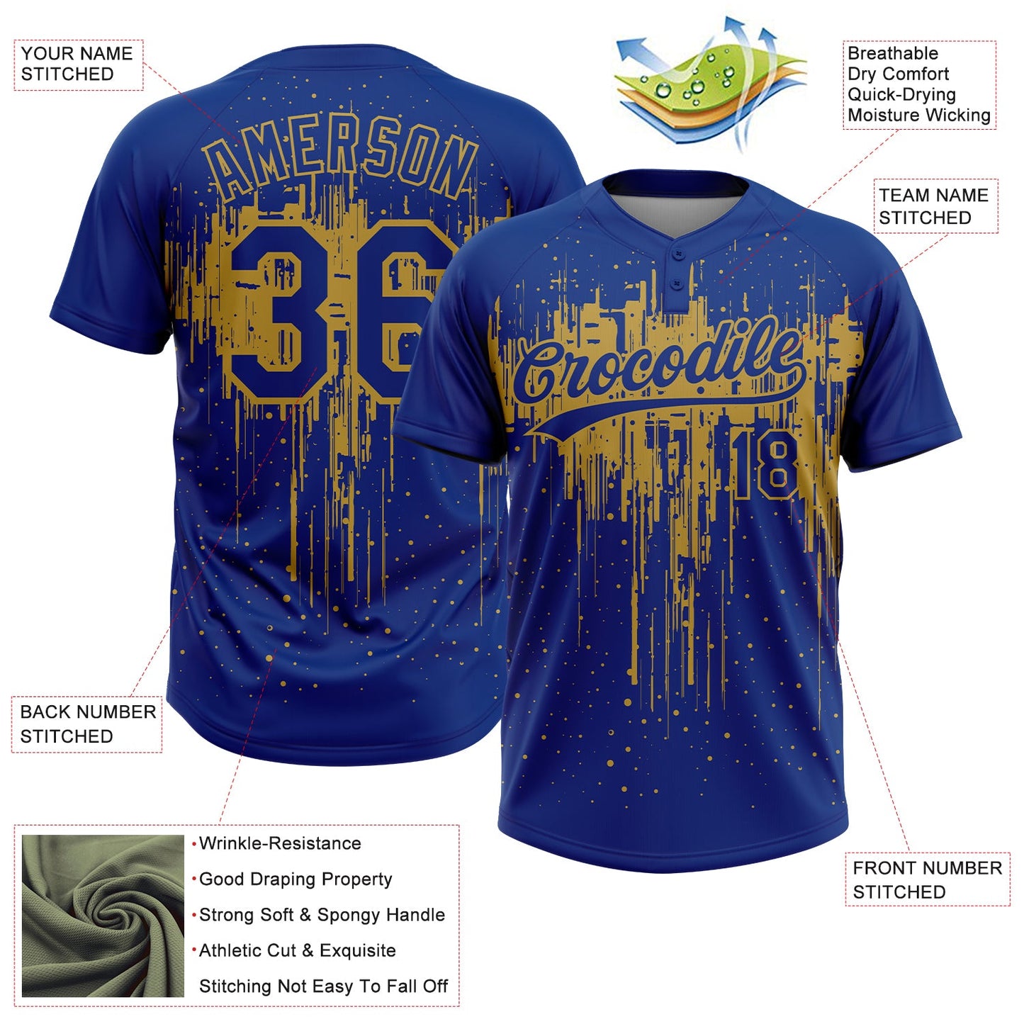 Custom Royal Old Gold Dripping Splatter Paint Two-Button Unisex Softball Jersey view 3