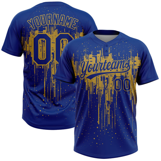 Custom Royal Old Gold Dripping Splatter Paint Two-Button Unisex Softball Jersey - Main View