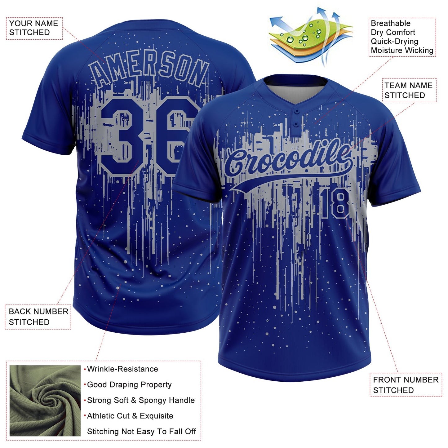 Custom Royal Gray Dripping Splatter Paint Two-Button Unisex Softball Jersey view 3