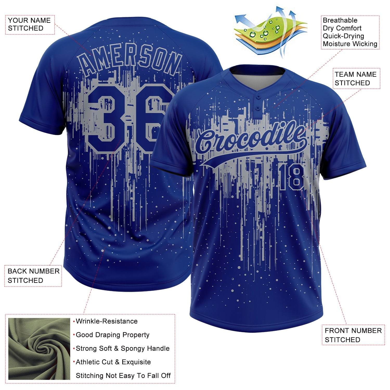 Custom Royal Gray Dripping Splatter Paint Two-Button Unisex Softball Jersey view 3
