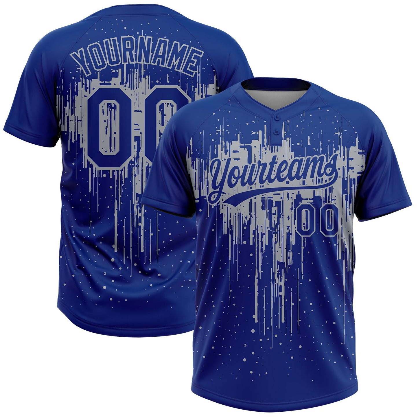 Custom Royal Gray Dripping Splatter Paint Two-Button Unisex Softball Jersey - Main View