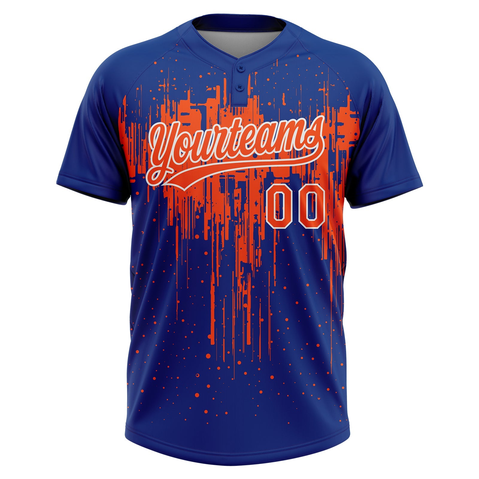 Custom Royal Orange-White Dripping Splatter Paint Two-Button Unisex Softball Jersey view 2