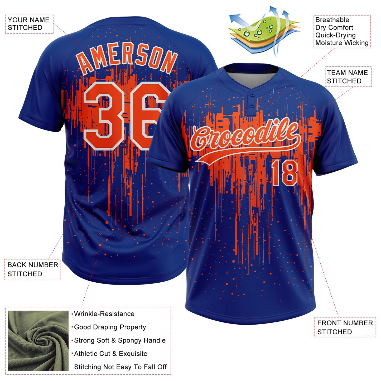 Custom Royal Orange-White Dripping Splatter Paint Two-Button Unisex Softball Jersey view 3