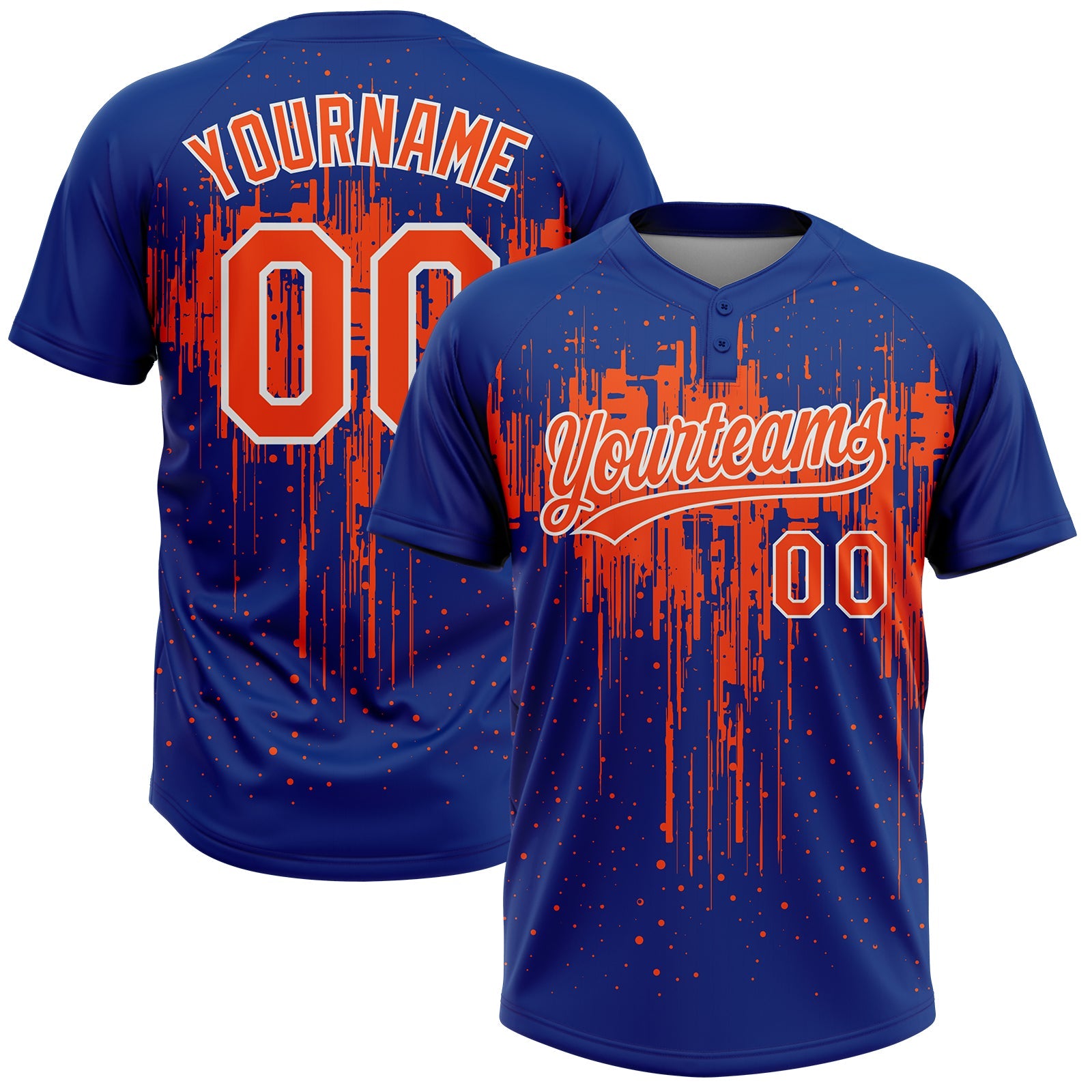 Custom Royal Orange-White Dripping Splatter Paint Two-Button Unisex Softball Jersey - Main View