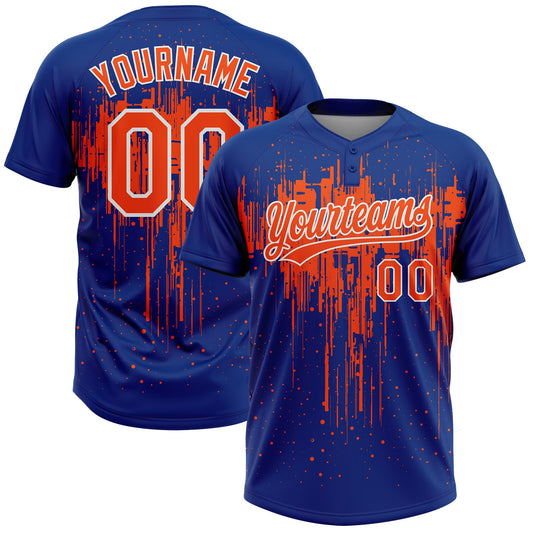 Custom Royal Orange-White Dripping Splatter Paint Two-Button Unisex Softball Jersey - Main View