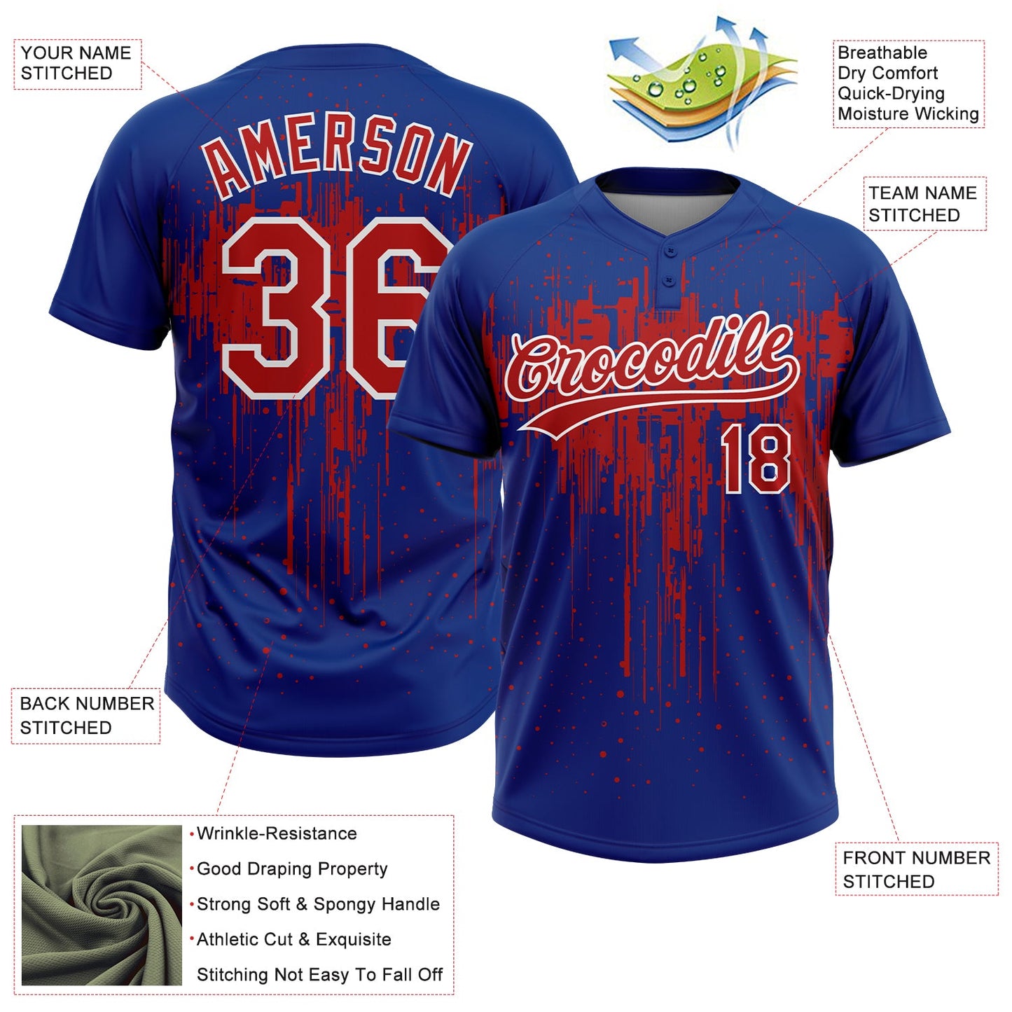 Custom Royal Red-White Dripping Splatter Paint Two-Button Unisex Softball Jersey view 3