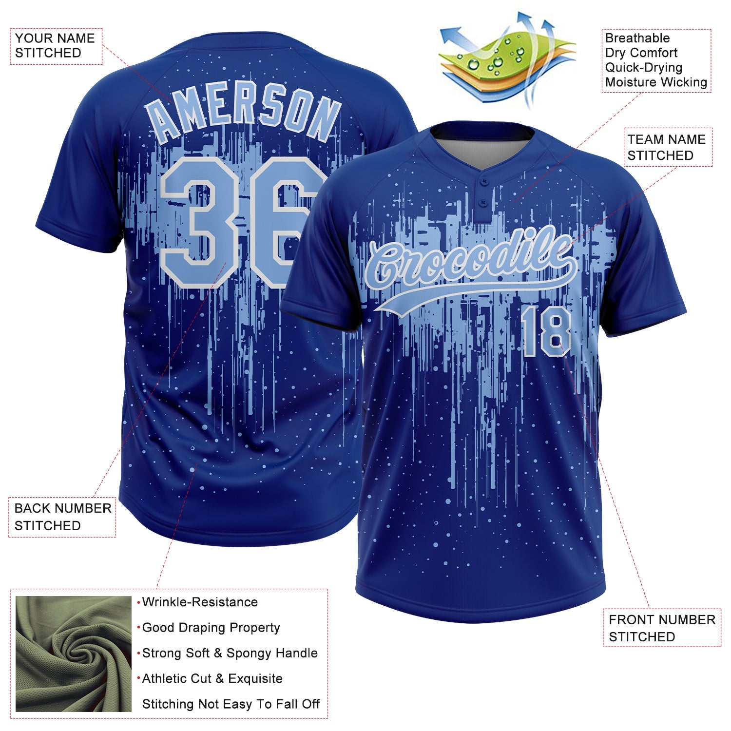 Custom Royal Light Blue-White Dripping Splatter Paint Two-Button Unisex Softball Jersey view 3