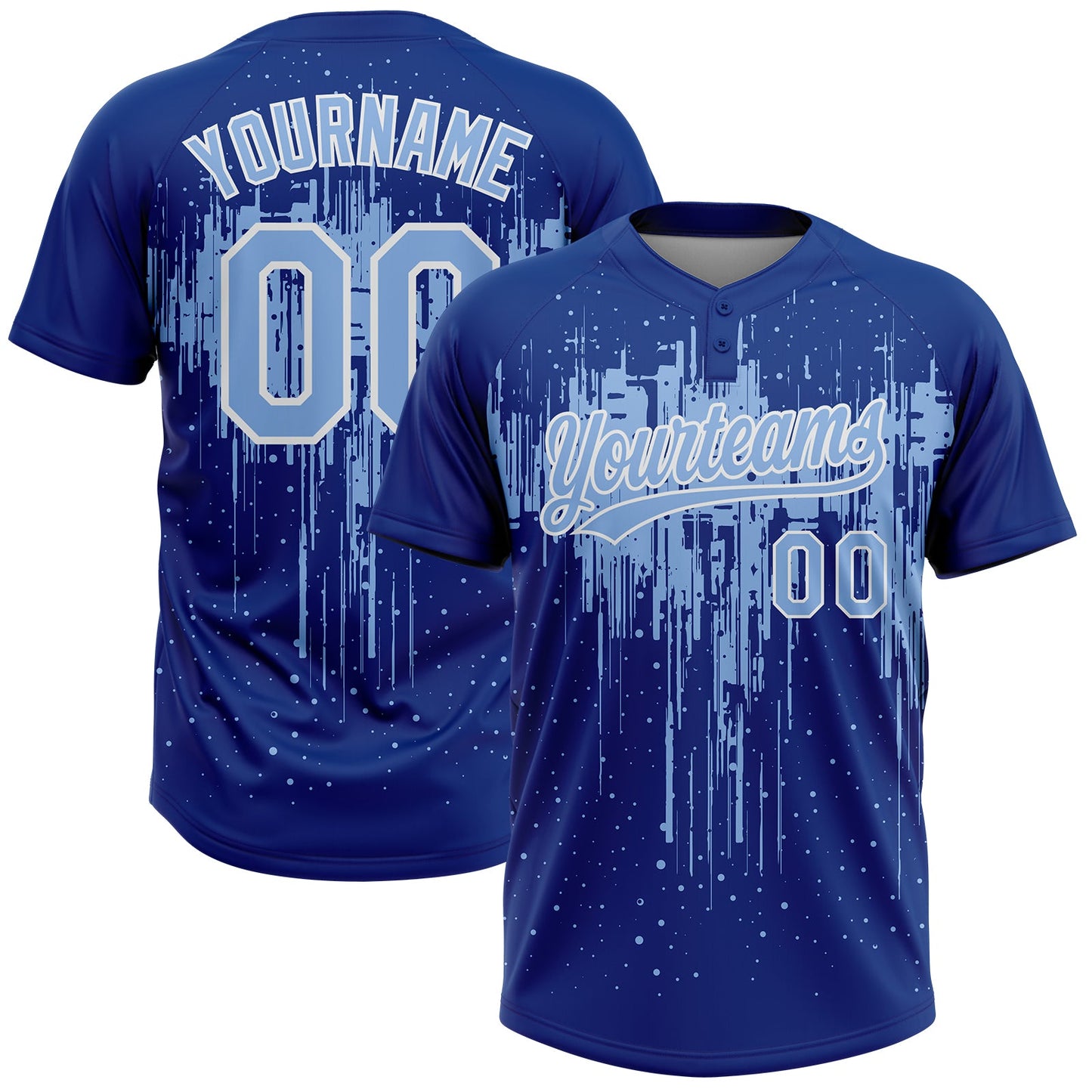 Custom Royal Light Blue-White Dripping Splatter Paint Two-Button Unisex Softball Jersey - Main View