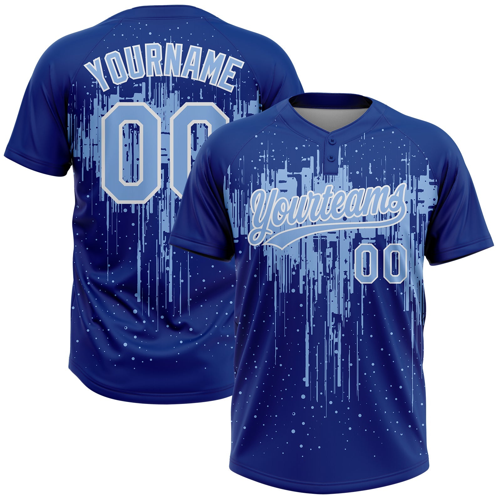Custom Royal Light Blue-White Dripping Splatter Paint Two-Button Unisex Softball Jersey - Main View