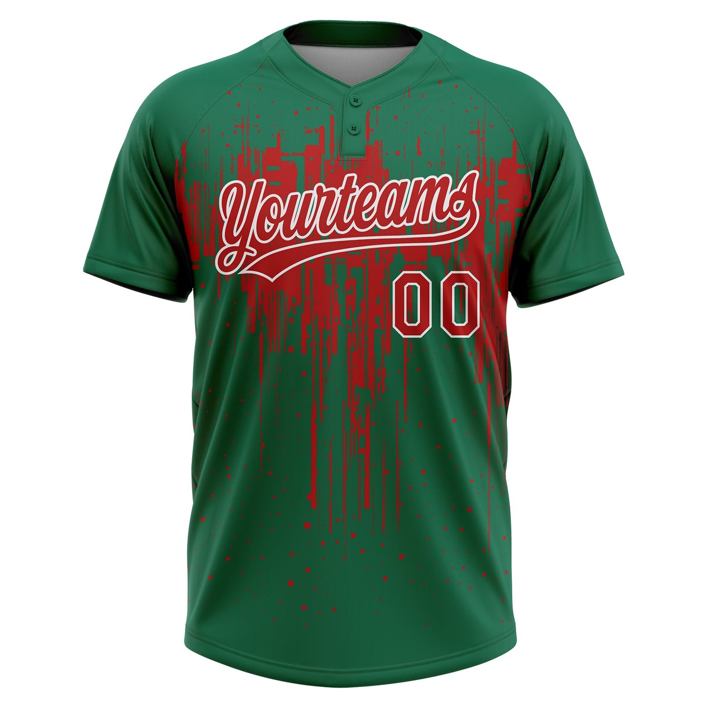 Custom Kelly Green Red-White Dripping Splatter Paint Two-Button Unisex Softball Jersey view 2