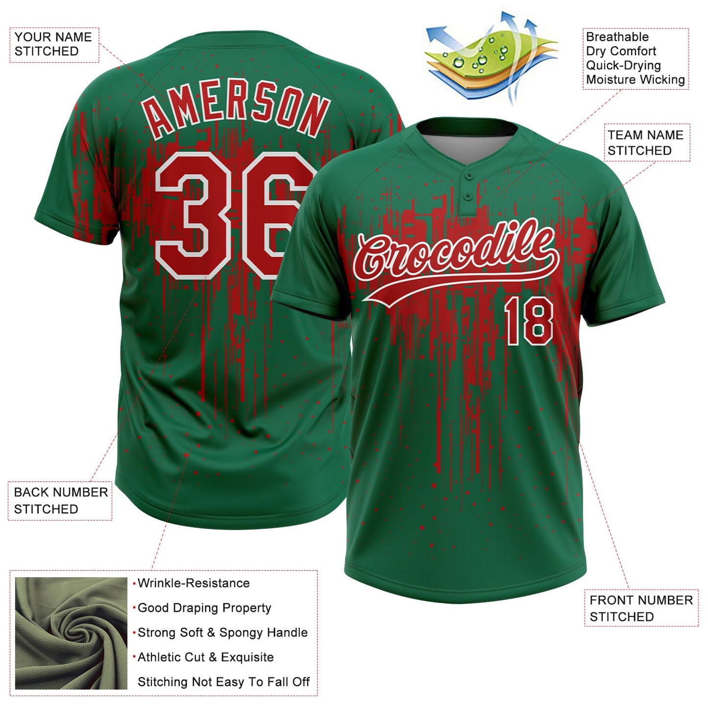 Custom Kelly Green Red-White Dripping Splatter Paint Two-Button Unisex Softball Jersey view 3