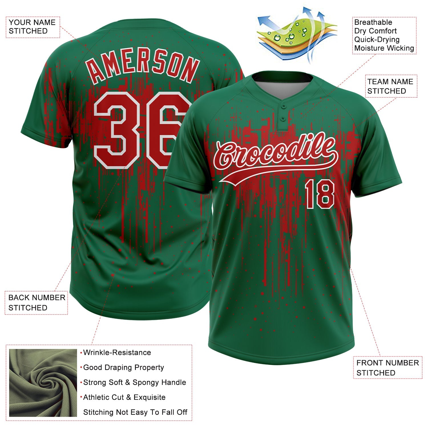Custom Kelly Green Red-White Dripping Splatter Paint Two-Button Unisex Softball Jersey view 3