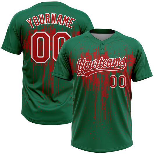Custom Kelly Green Red-White Dripping Splatter Paint Two-Button Unisex Softball Jersey - Main View