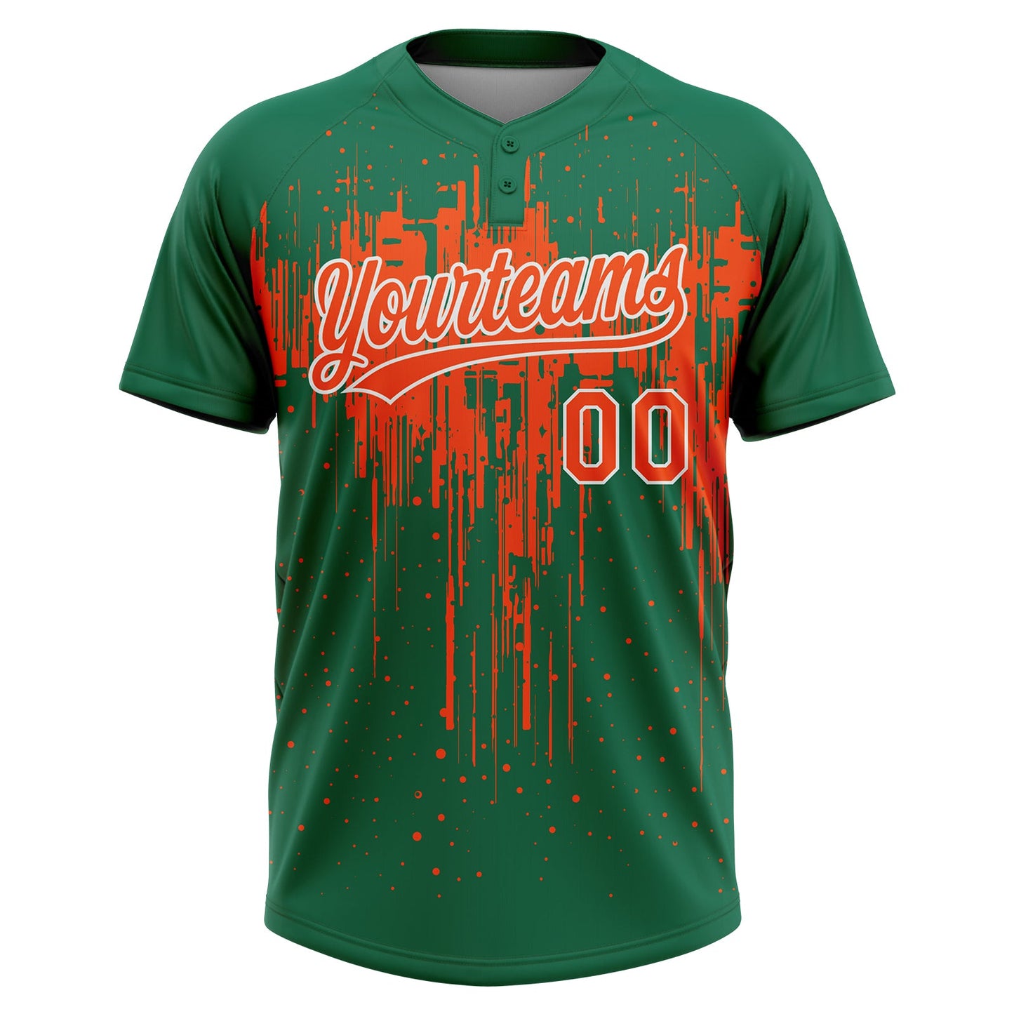 Custom Kelly Green Orange-White Dripping Splatter Paint Two-Button Unisex Softball Jersey view 2