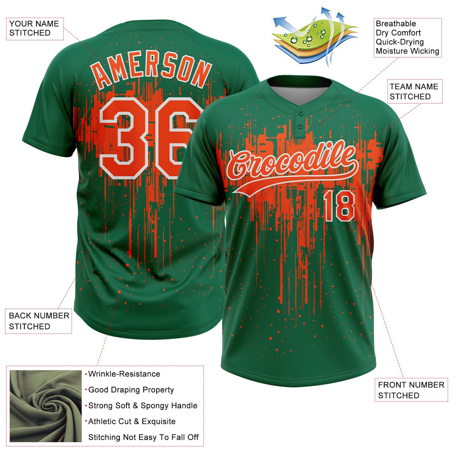 Custom Kelly Green Orange-White Dripping Splatter Paint Two-Button Unisex Softball Jersey view 3