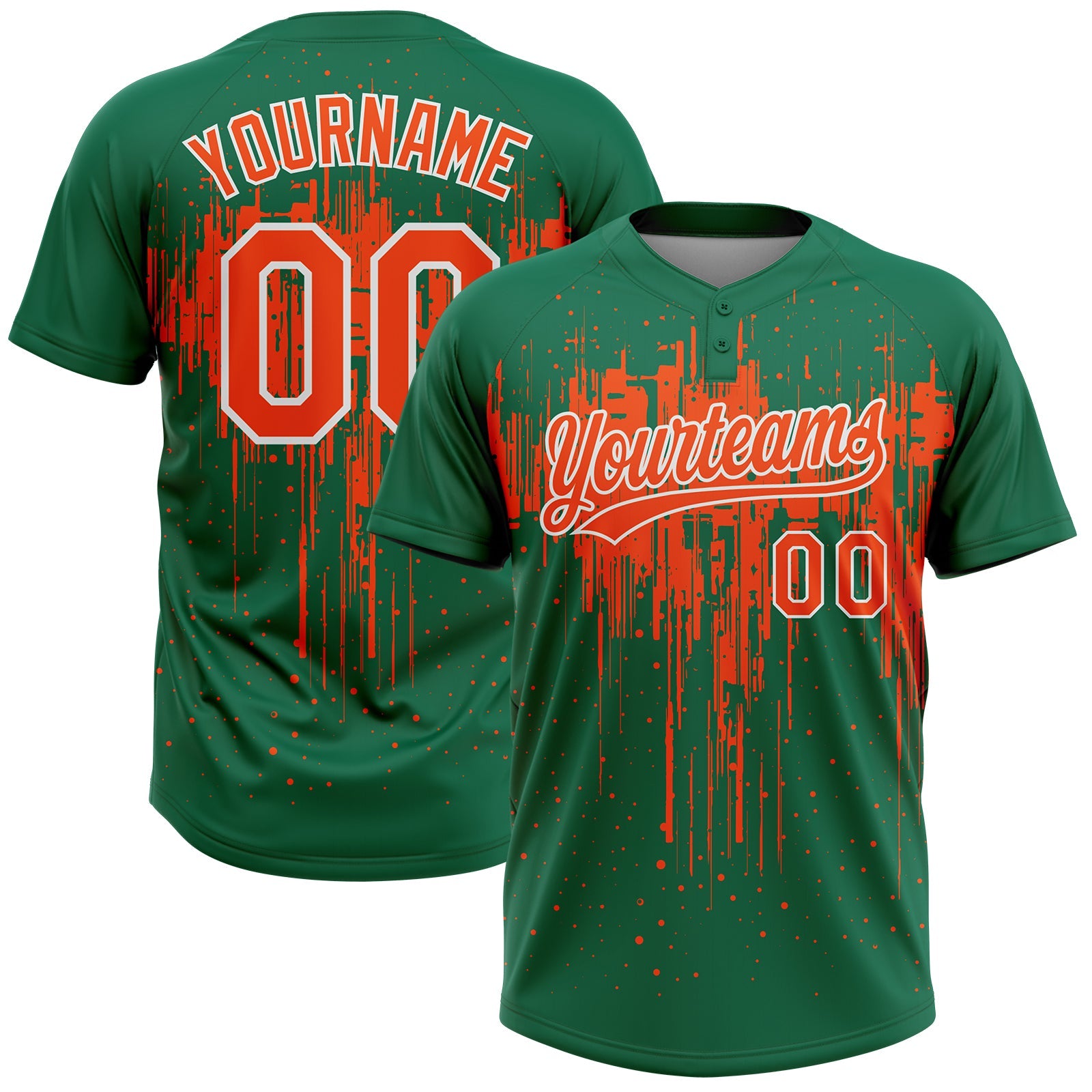 Custom Kelly Green Orange-White Dripping Splatter Paint Two-Button Unisex Softball Jersey - Main View