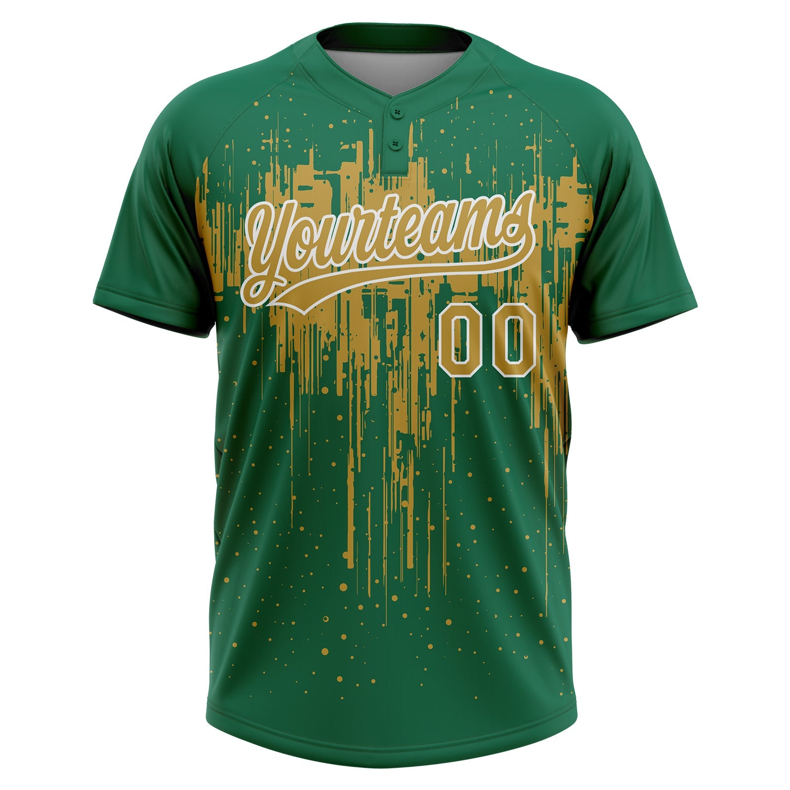 Custom Kelly Green Old Gold-White Dripping Splatter Paint Two-Button Unisex Softball Jersey view 2
