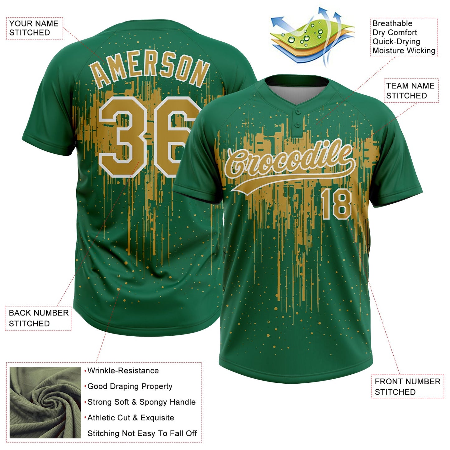 Custom Kelly Green Old Gold-White Dripping Splatter Paint Two-Button Unisex Softball Jersey view 3