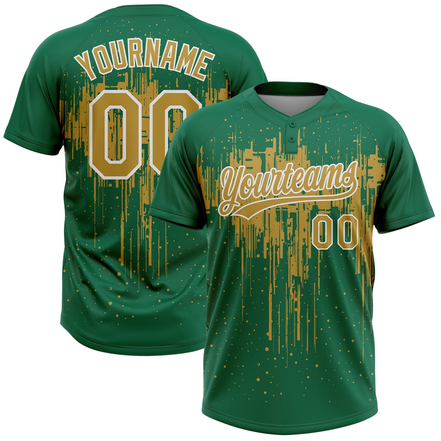 Custom Kelly Green Old Gold-White Dripping Splatter Paint Two-Button Unisex Softball Jersey - Main View