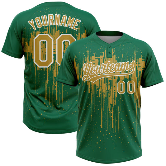 Custom Kelly Green Old Gold-White Dripping Splatter Paint Two-Button Unisex Softball Jersey - Main View