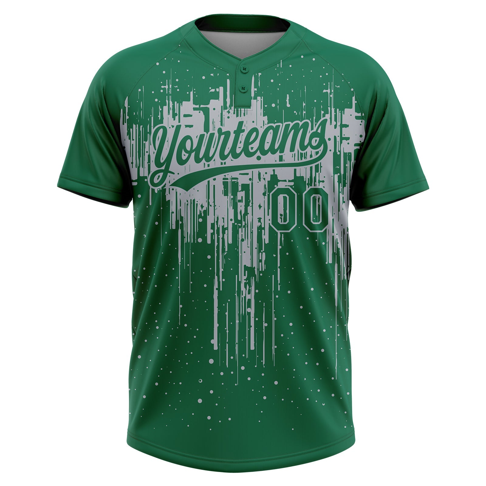Custom Kelly Green Gray Dripping Splatter Paint Two-Button Unisex Softball Jersey view 2
