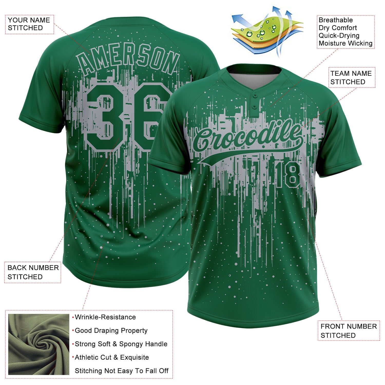Custom Kelly Green Gray Dripping Splatter Paint Two-Button Unisex Softball Jersey view 3