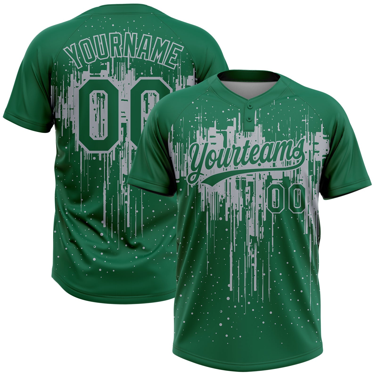 Custom Kelly Green Gray Dripping Splatter Paint Two-Button Unisex Softball Jersey - Main View