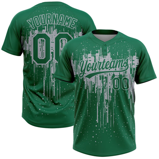 Custom Kelly Green Gray Dripping Splatter Paint Two-Button Unisex Softball Jersey - Main View