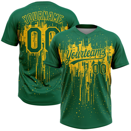 Custom Kelly Green Yellow Dripping Splatter Paint Two-Button Unisex Softball Jersey - Main View