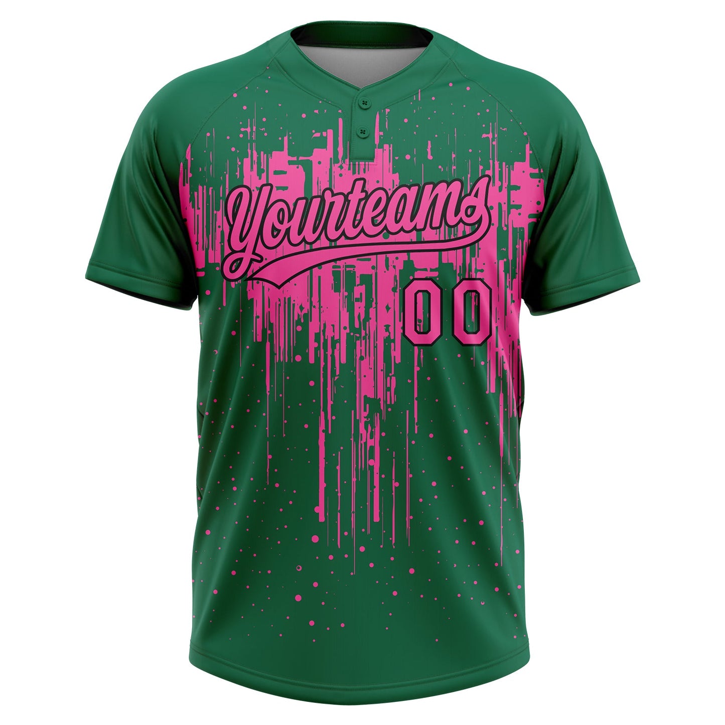 Custom Kelly Green Pink-Black Dripping Splatter Paint Two-Button Unisex Softball Jersey view 2