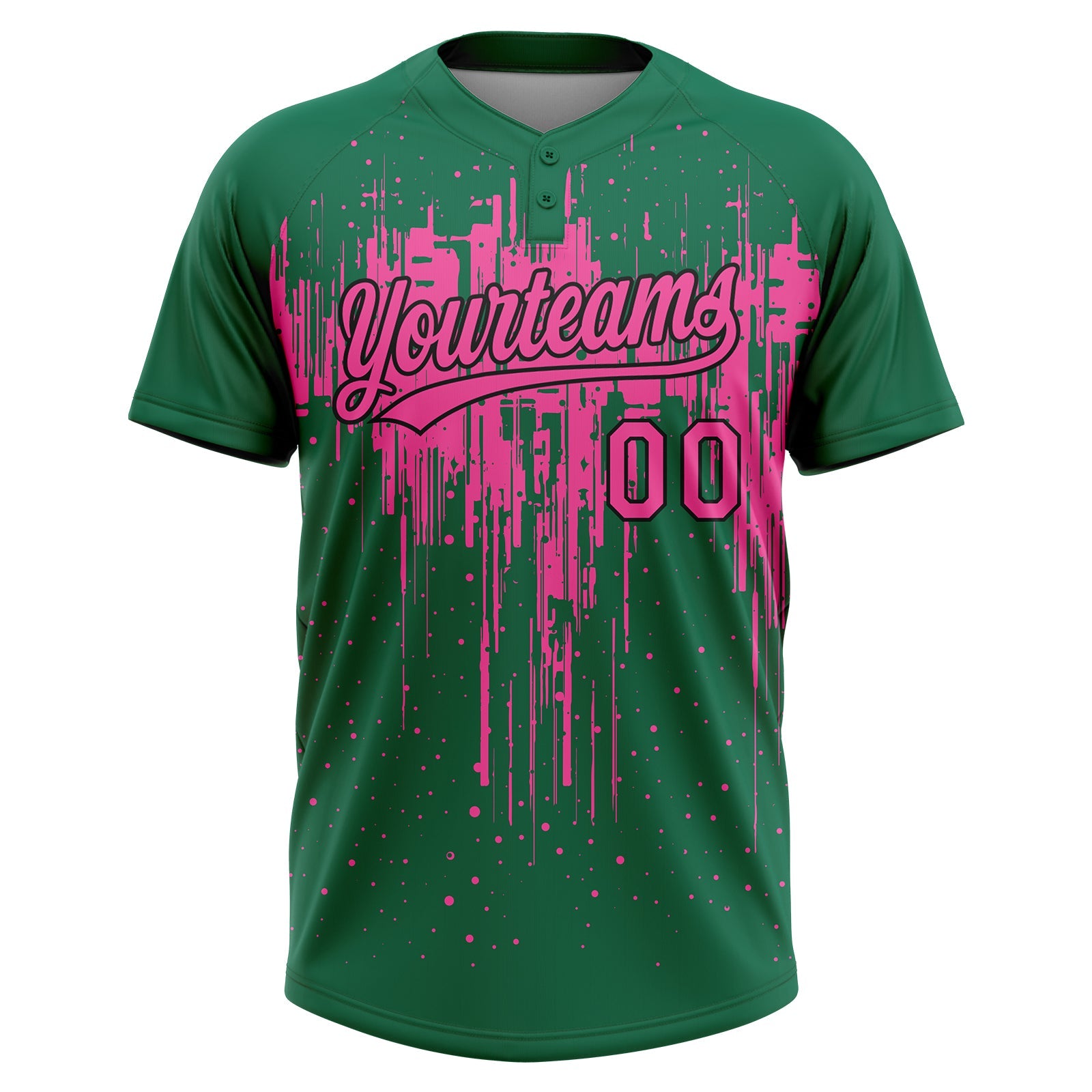 Custom Kelly Green Pink-Black Dripping Splatter Paint Two-Button Unisex Softball Jersey view 2