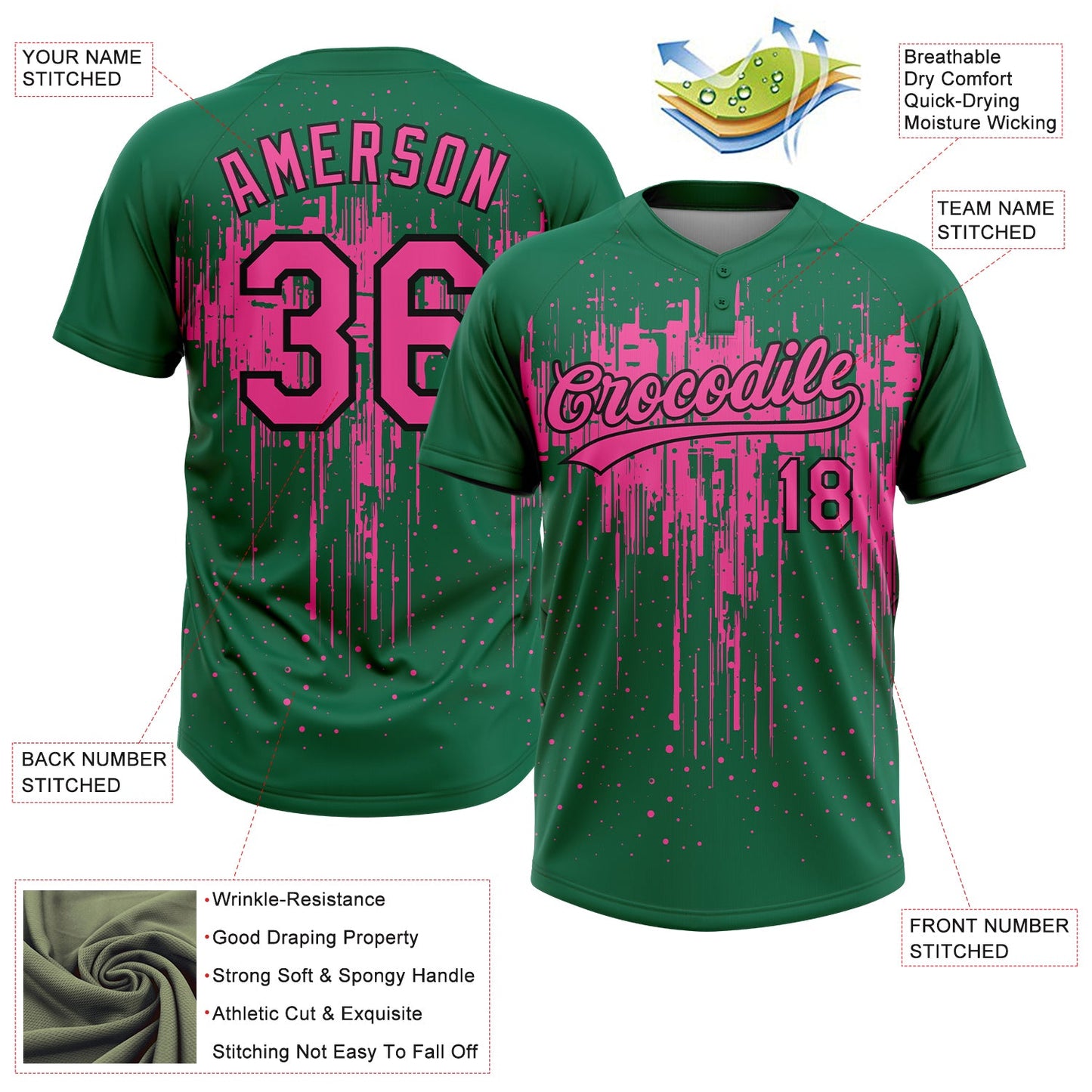 Custom Kelly Green Pink-Black Dripping Splatter Paint Two-Button Unisex Softball Jersey view 3