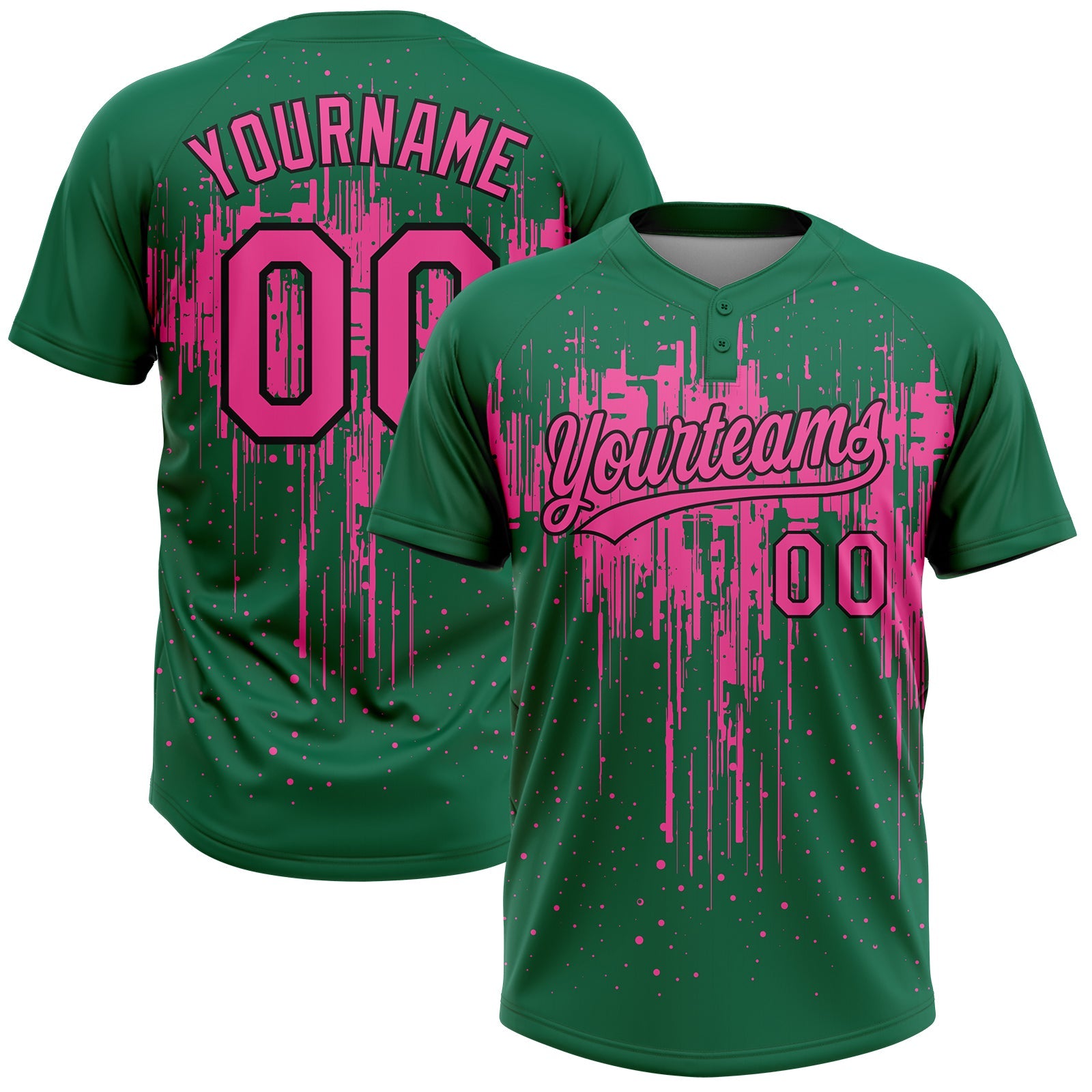 Custom Kelly Green Pink-Black Dripping Splatter Paint Two-Button Unisex Softball Jersey - Main View