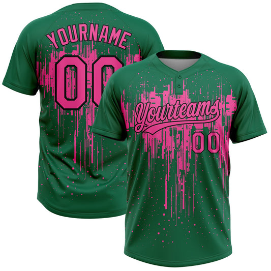 Custom Kelly Green Pink-Black Dripping Splatter Paint Two-Button Unisex Softball Jersey - Main View