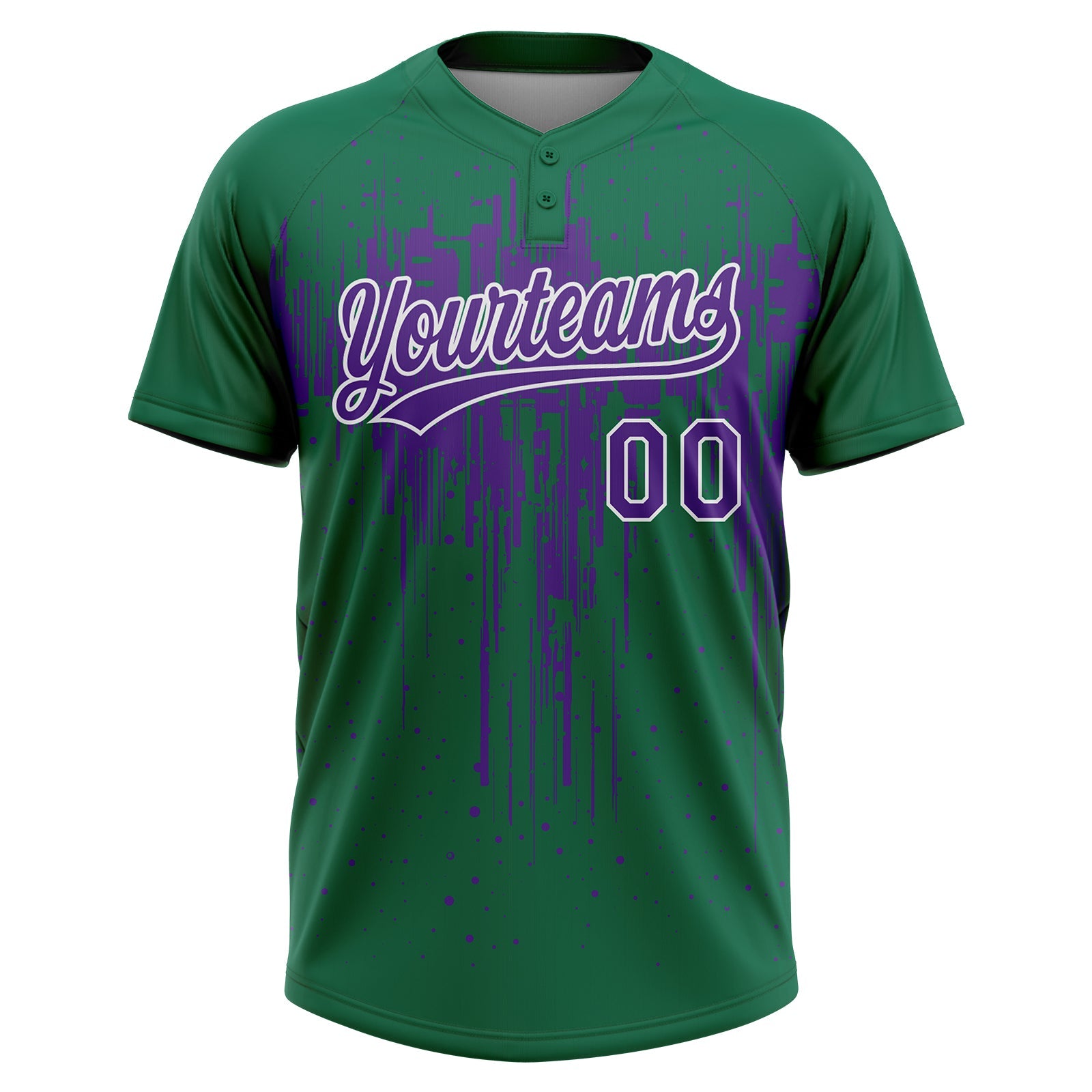 Custom Kelly Green Purple-White Dripping Splatter Paint Two-Button Unisex Softball Jersey view 2