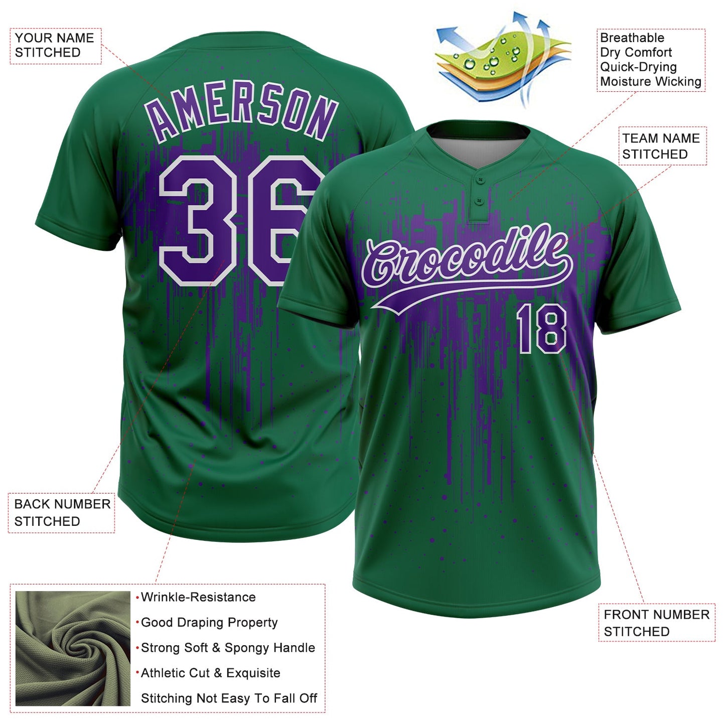Custom Kelly Green Purple-White Dripping Splatter Paint Two-Button Unisex Softball Jersey view 3