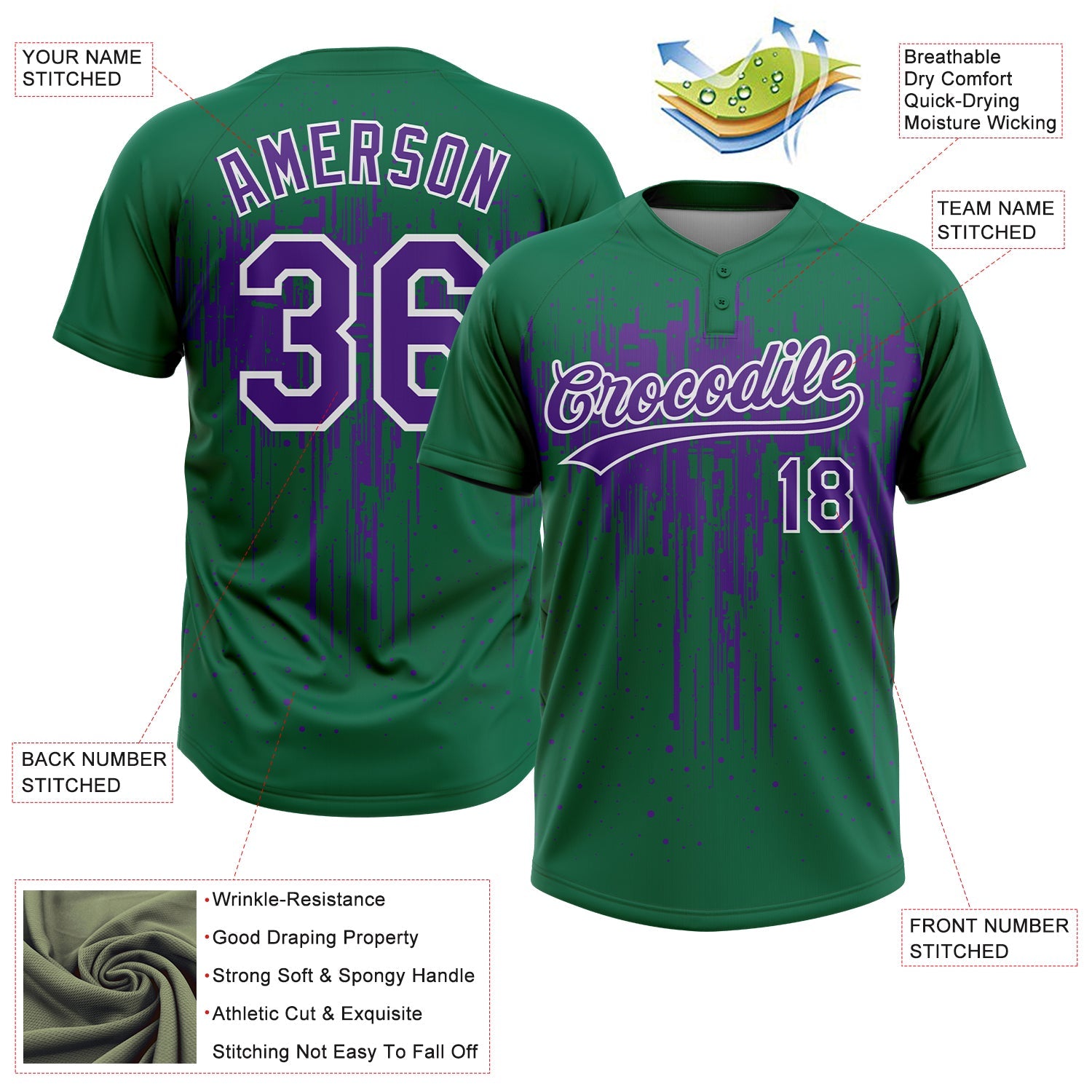 Custom Kelly Green Purple-White Dripping Splatter Paint Two-Button Unisex Softball Jersey view 3