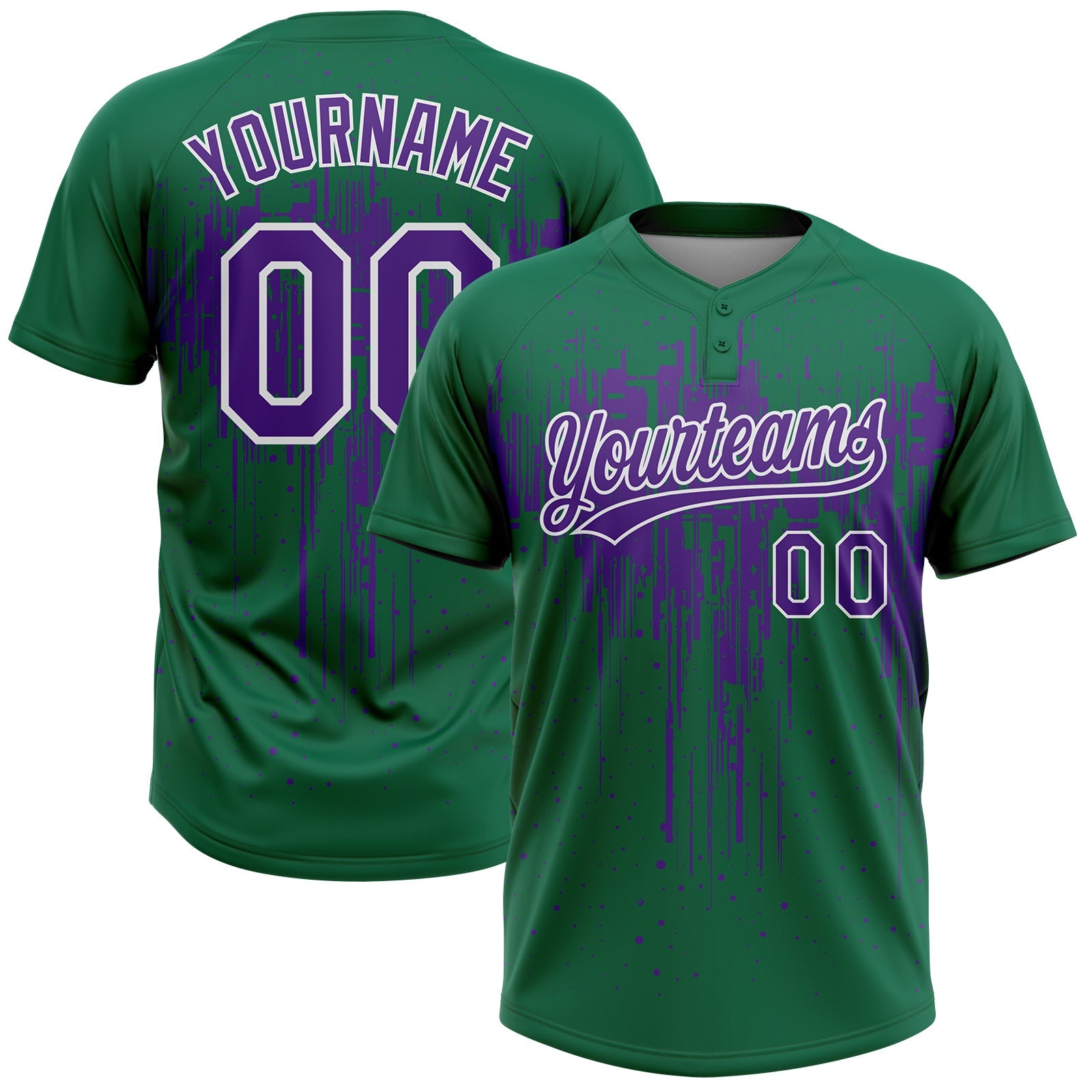 Custom Kelly Green Purple-White Dripping Splatter Paint Two-Button Unisex Softball Jersey - Main View