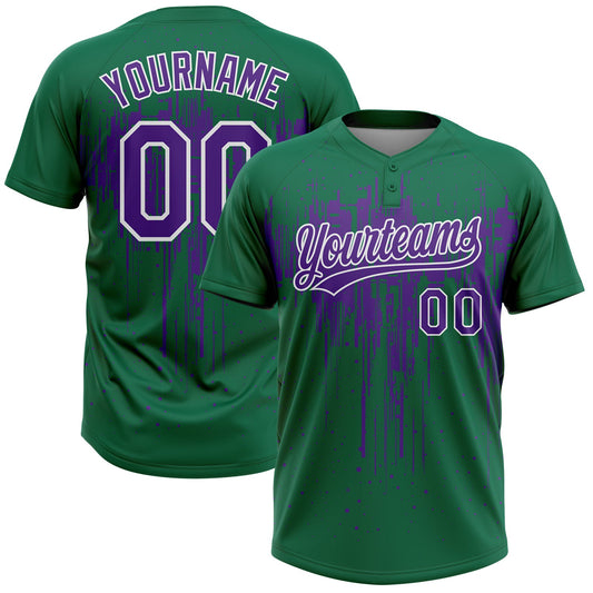 Custom Kelly Green Purple-White Dripping Splatter Paint Two-Button Unisex Softball Jersey - Main View