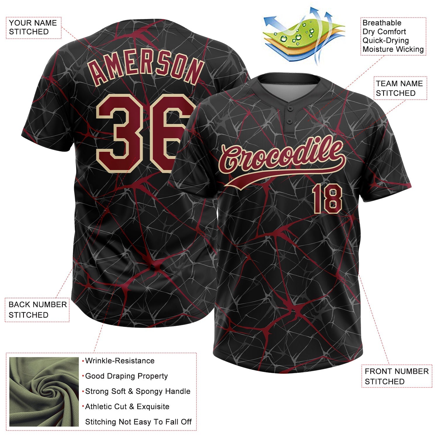 Custom Black Crimson-Cream  Abstract Network Two-Button Unisex Softball Jersey view 3