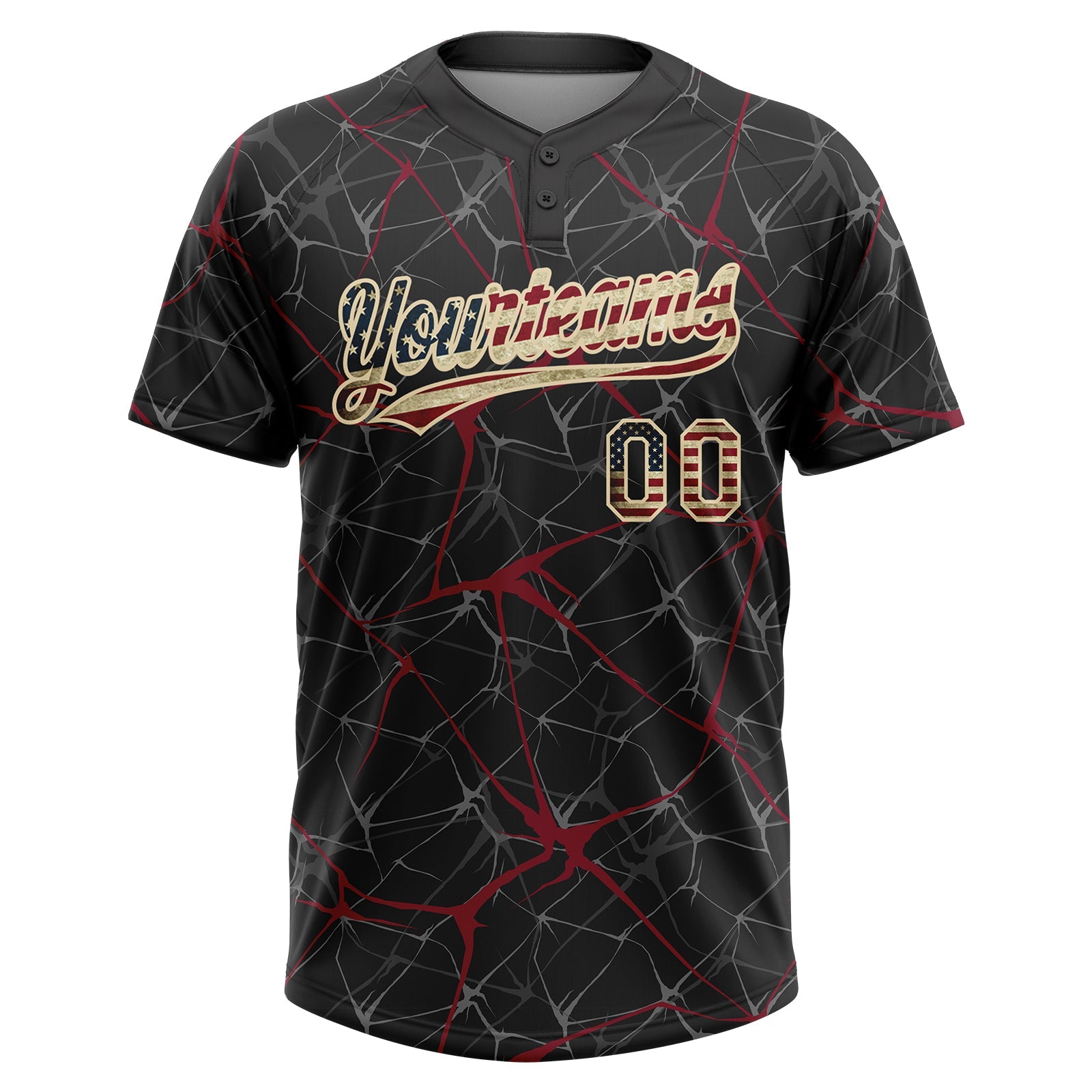 Custom Black Vintage USA Flag Crimson-Cream  Abstract Network Two-Button Unisex Softball Jersey view 2