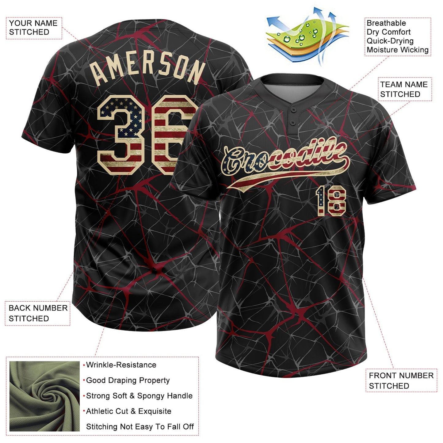 Custom Black Vintage USA Flag Crimson-Cream  Abstract Network Two-Button Unisex Softball Jersey view 3