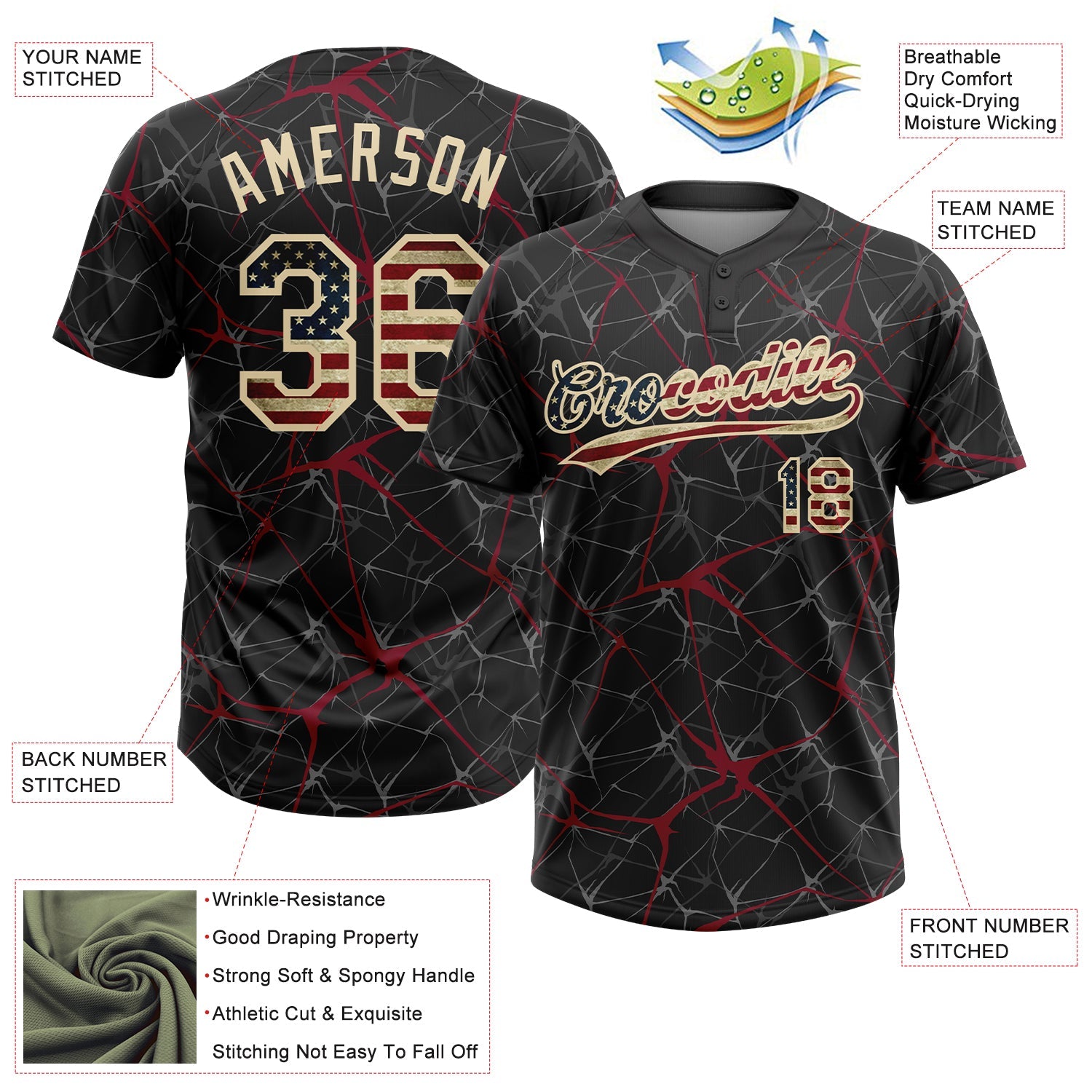 Custom Black Vintage USA Flag Crimson-Cream  Abstract Network Two-Button Unisex Softball Jersey view 3