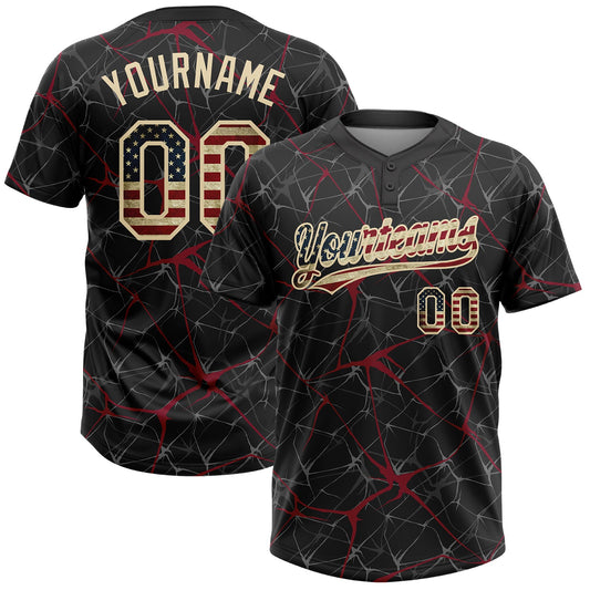 Custom Black Vintage USA Flag Crimson-Cream  Abstract Network Two-Button Unisex Softball Jersey - Main View