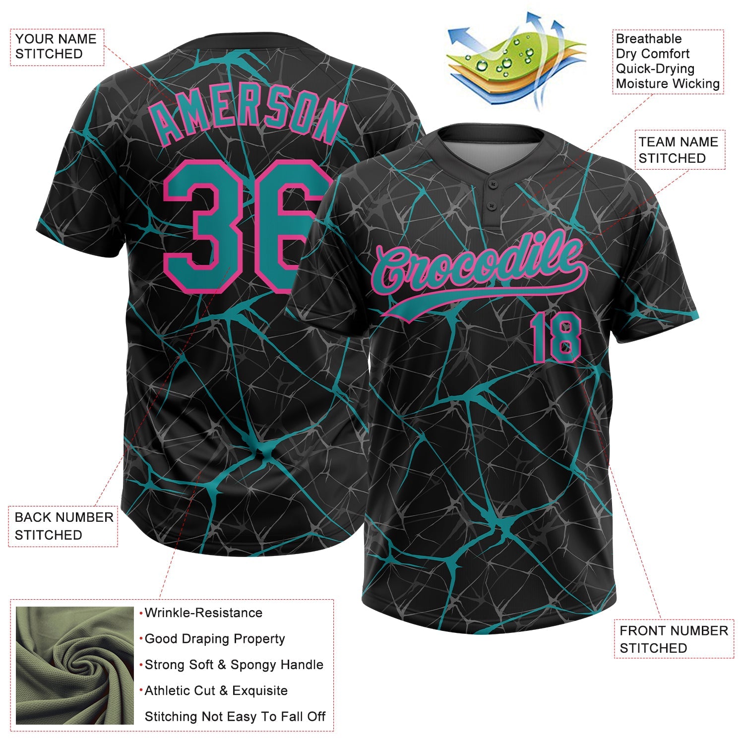 Custom Black Teal-Pink  Abstract Network Two-Button Unisex Softball Jersey view 3