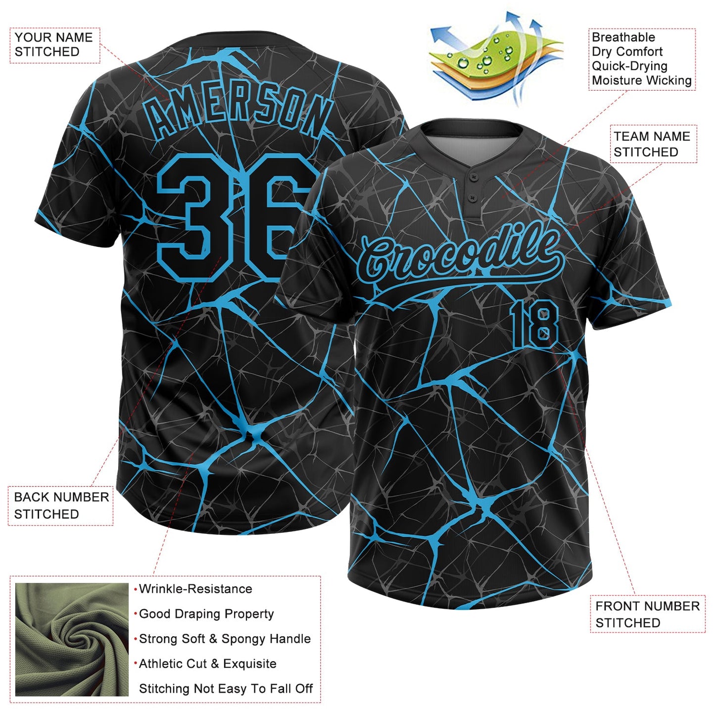 Custom Black Sky Blue  Abstract Network Two-Button Unisex Softball Jersey view 3