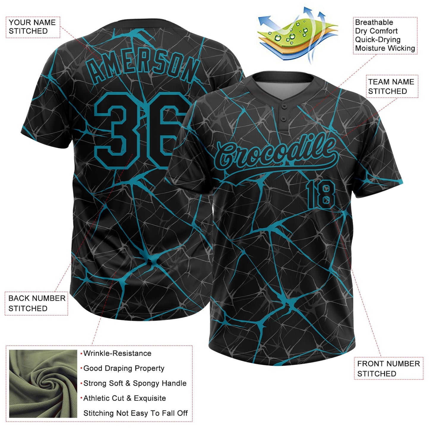Custom Black Teal  Abstract Network Two-Button Unisex Softball Jersey view 3
