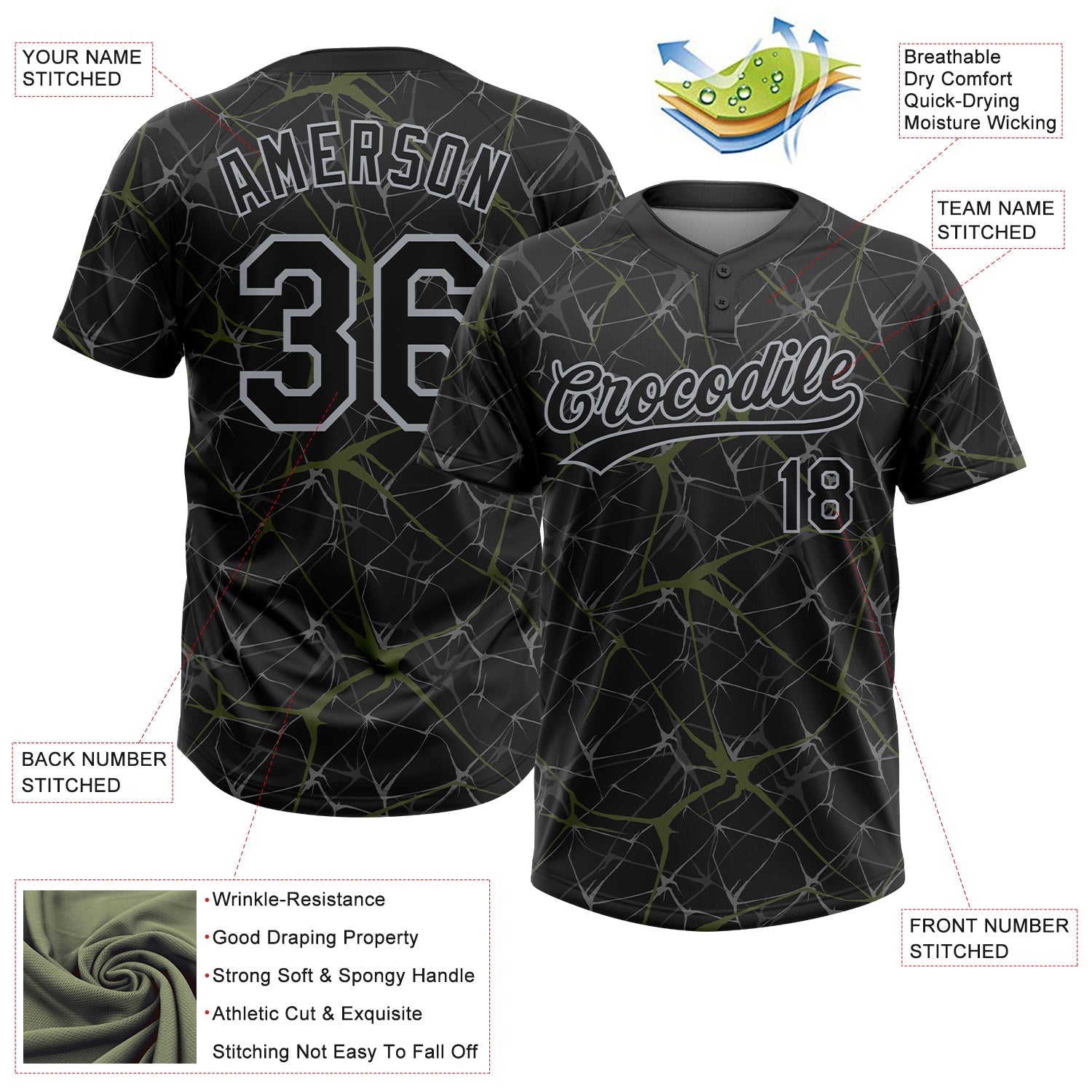 Custom Black Olive-Gray  Abstract Network Two-Button Unisex Softball Jersey view 3