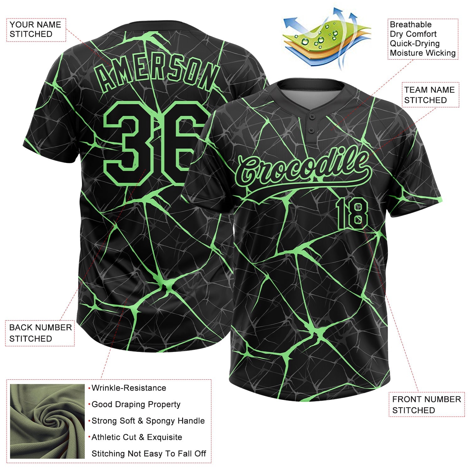 Custom Black Pea Green  Abstract Network Two-Button Unisex Softball Jersey view 3